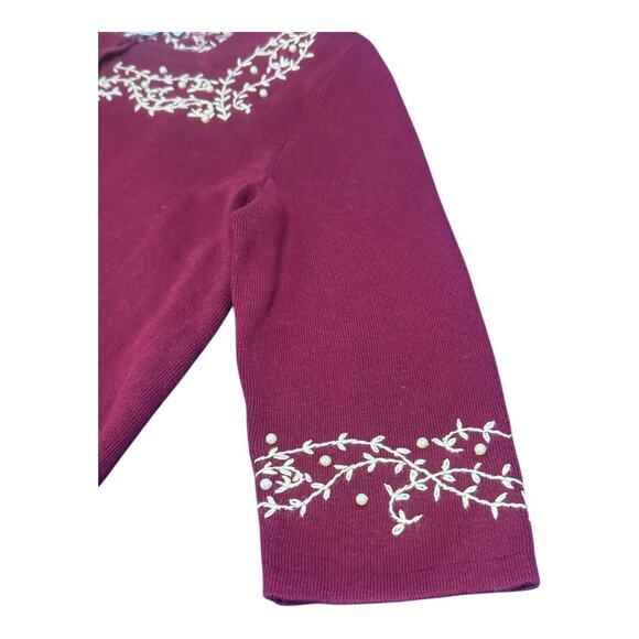 Vintage CJ Banks Red Hand Embroidered Floral Embellished Pearls Cardigan Sweater - Picture 7 of 8